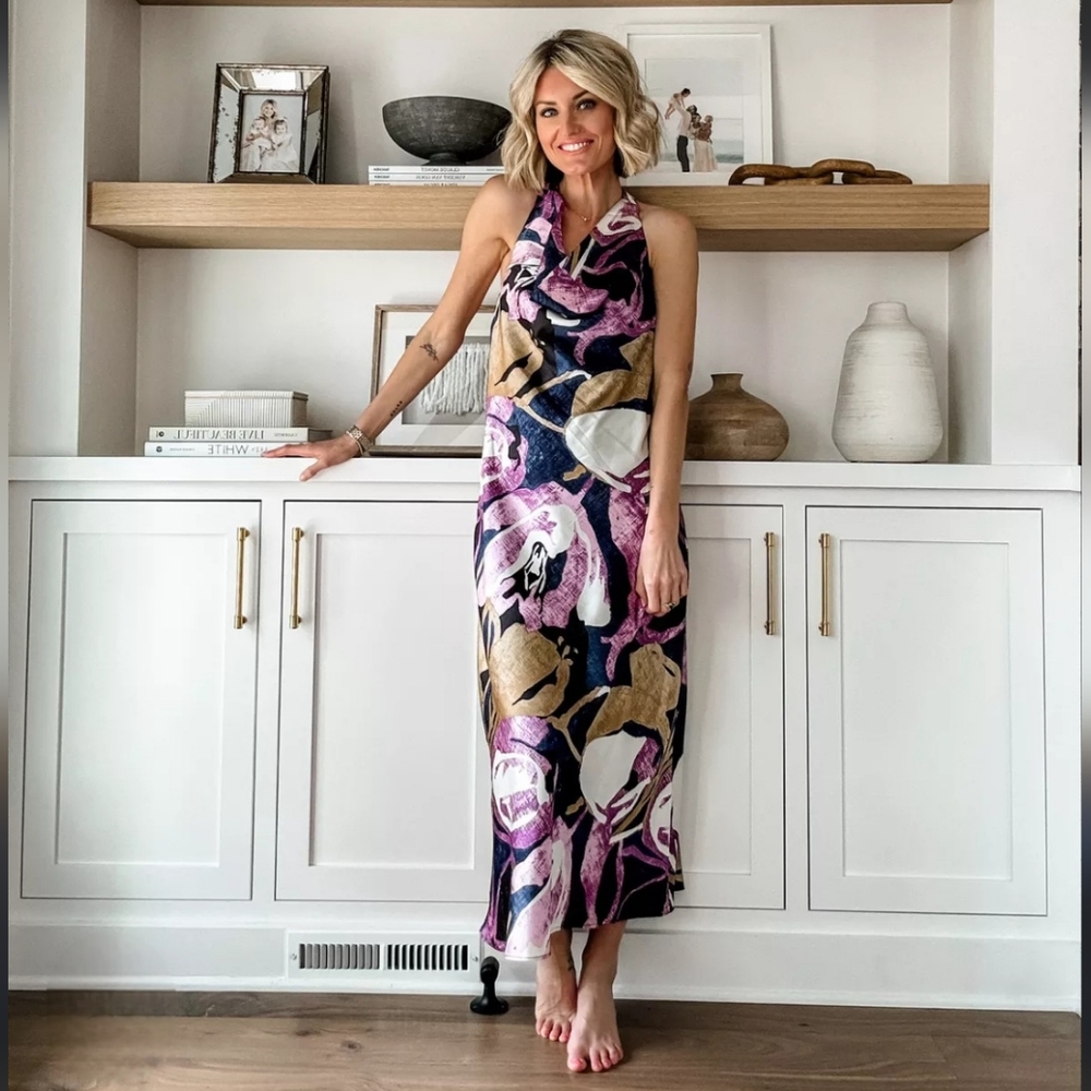 Nwt Banana Republic Blue/Purple/Gold Abstract Floral Satin Halter Midi D…